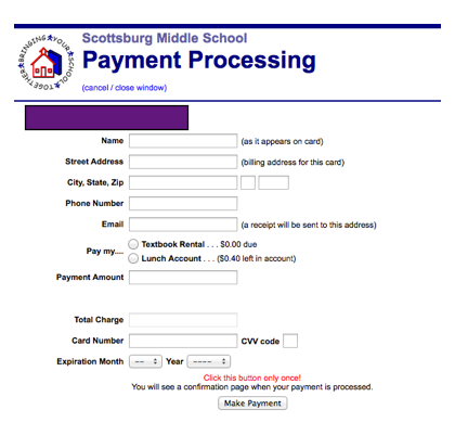 Harmony Payment Processing form showing fields for card information, payment amount, and a Make Payment button